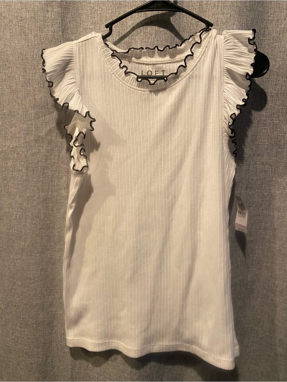 LOFT White Ribbed Tank with Black Trimmed Ruffle Sleeves